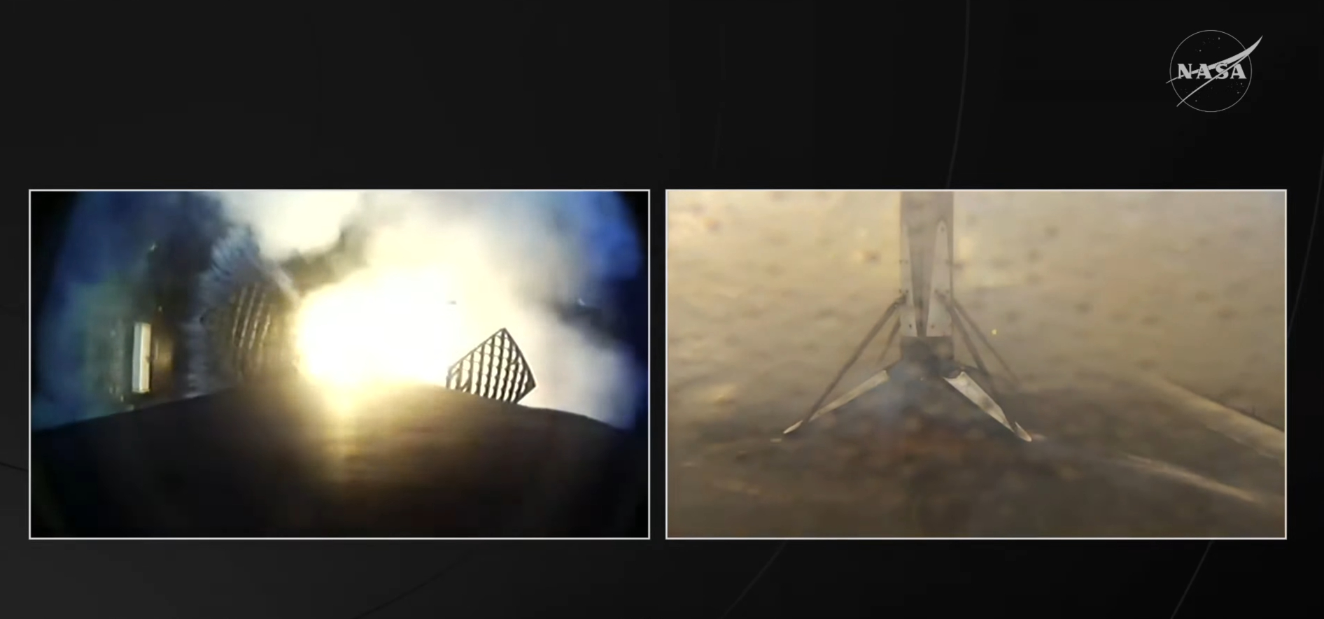 view of rocket&#039;s first stage landing back on a drone ship