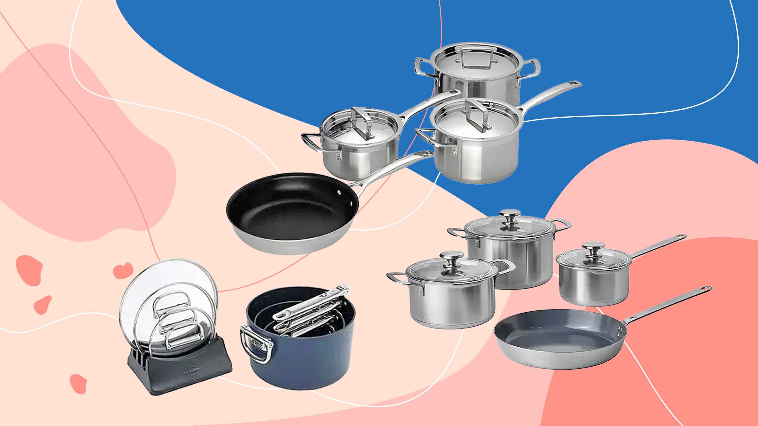 Best saucepan sets on pink and blue background