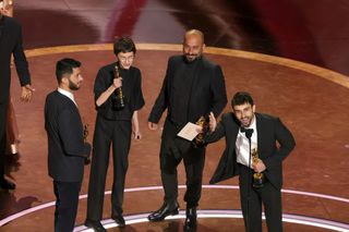 (L-R) Basel Adra, Rachel Szor, Hamdan Ballal, and Yuval Abraham accept the Documentary Feature Film award "No Other Land" onstage during the 97th Annual Oscars at Dolby Theatre on March 02, 2025 in Hollywood, California.