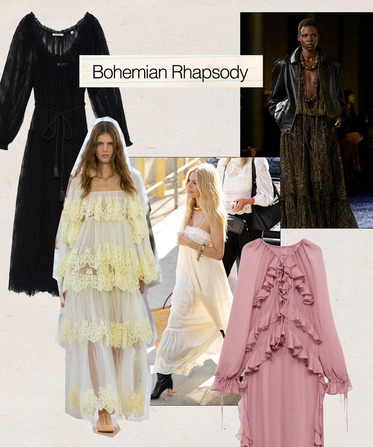 A collage of photos from the S/S 25 runways, street style, and retailers showcasing 2025 boho dress trend with the trend name 