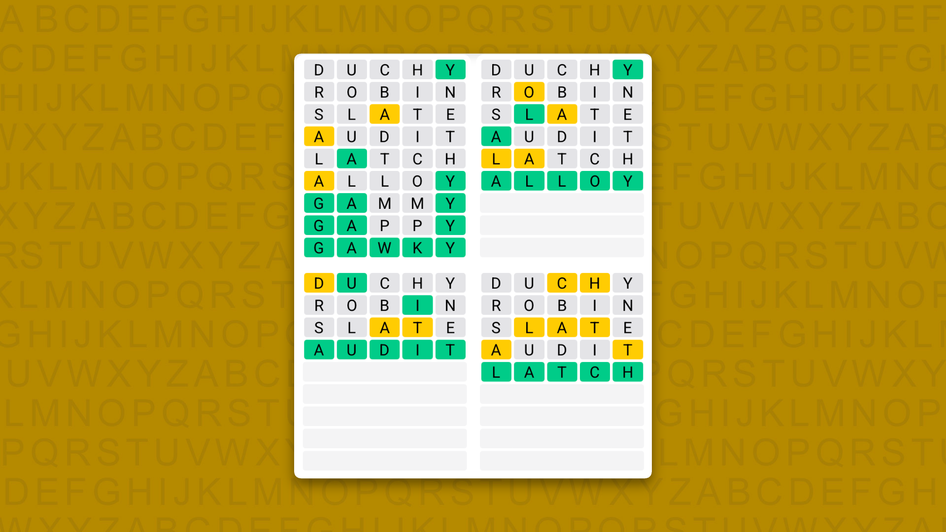 Quordle answers for game 1647 on a yellow background