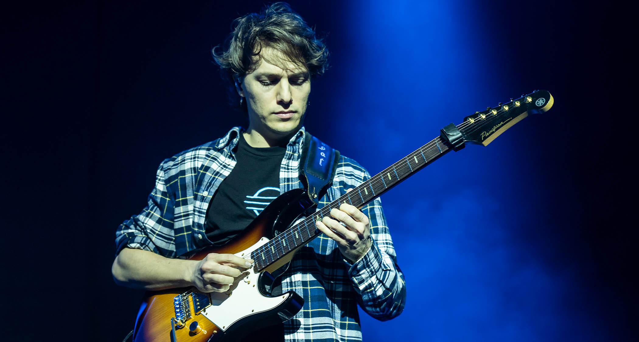 Matteo Mancuso plays a Yamaha Pacifica onstage in Milan, 2026.
