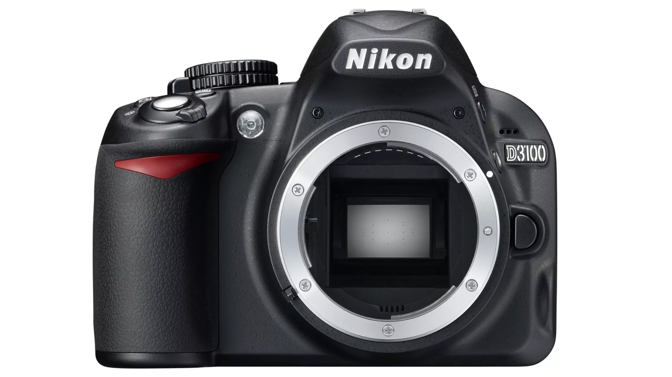 Front view of a Nikon D3100 camera with a sleek black body and lens mount, featuring buttons and a textured grip