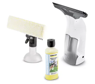 A white window vacuum with a spray bottle and microfiber bed, and a bottle of yellow window cleaning solution