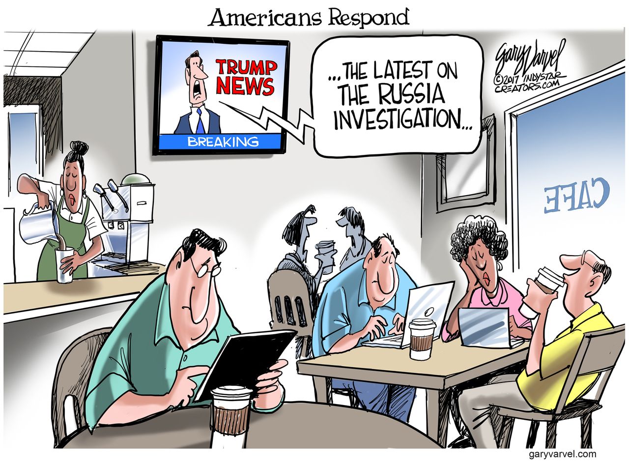 Political cartoon U.S. Trump&amp;amp;nbsp;Russia investigation Mainstream media news cycle fatigue