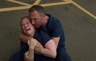 Holby Jac Fletch Holby Jac (Rosie Marcel) Fletch (Alex Walkinshaw) car park park