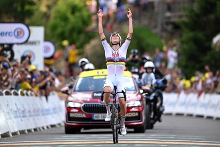 GAVARNIE-GEDRE, FRANCE - JULY 09: Tadej Pogacar of Slovenia and UAE Team Emirates - XRG celebrates at finish line as stage winner during the 113th Tour de France 2026, Stage 6 a 186.2km stage from Pau to Gavarnie-Gedre 1379m / #UCIWT / on July 09, 2026 in Gavarnie-Gedre, France. (Photo by Tim de Waele/Getty Images)