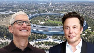 Tim Cook and Elon Musk in front of an image of Apple Park
