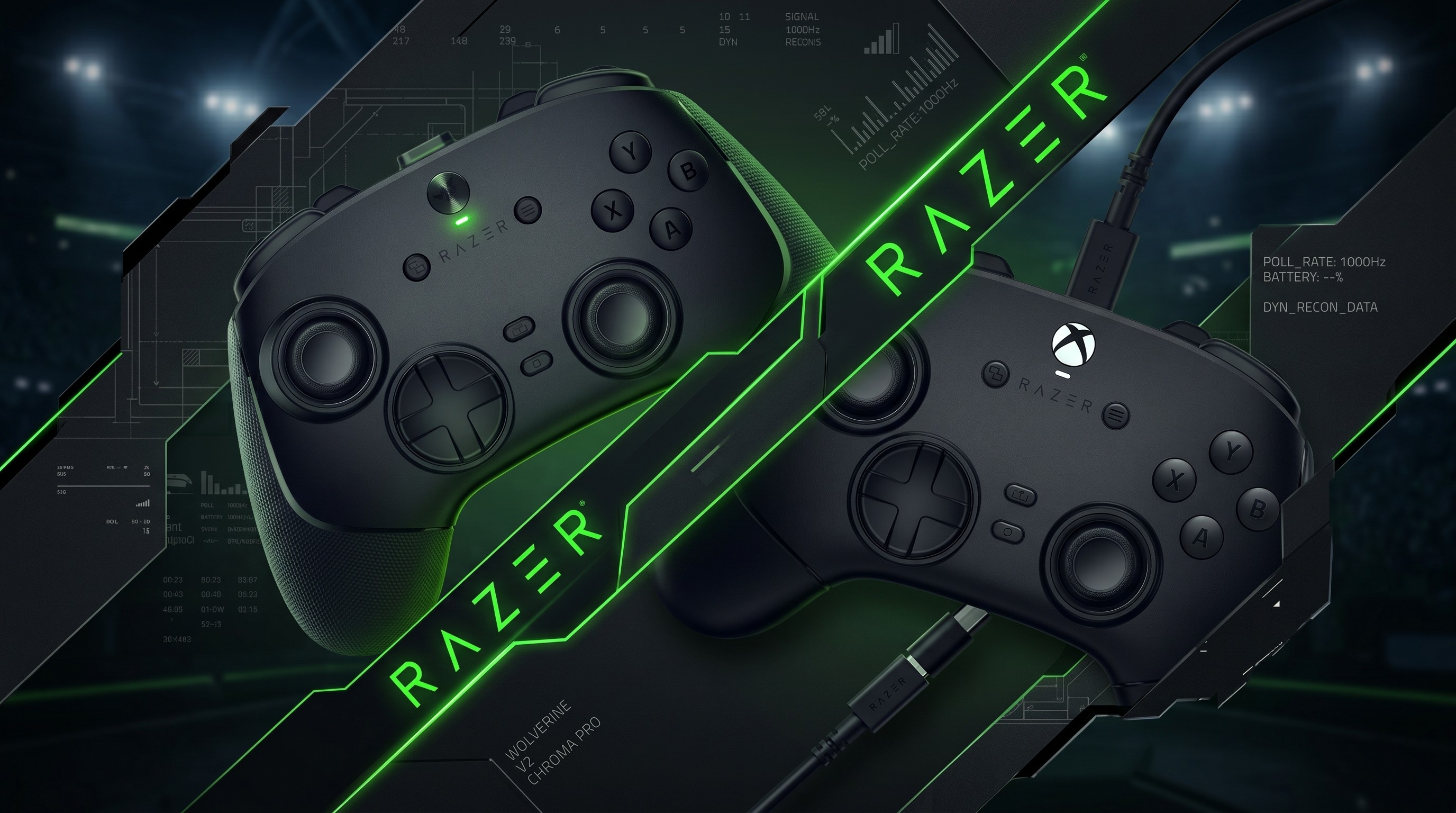 Two black Razer gaming controllers are angled diagonally against a futuristic background with glowing green lines and text. The mood is high-tech and dynamic.