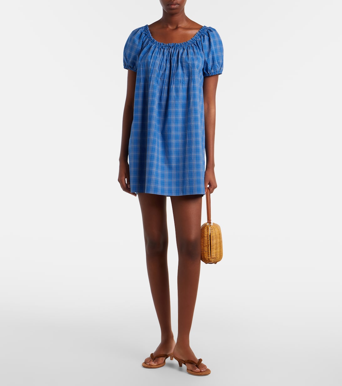 Costa Plaid Cotton Minidress in Blue - Faithfull