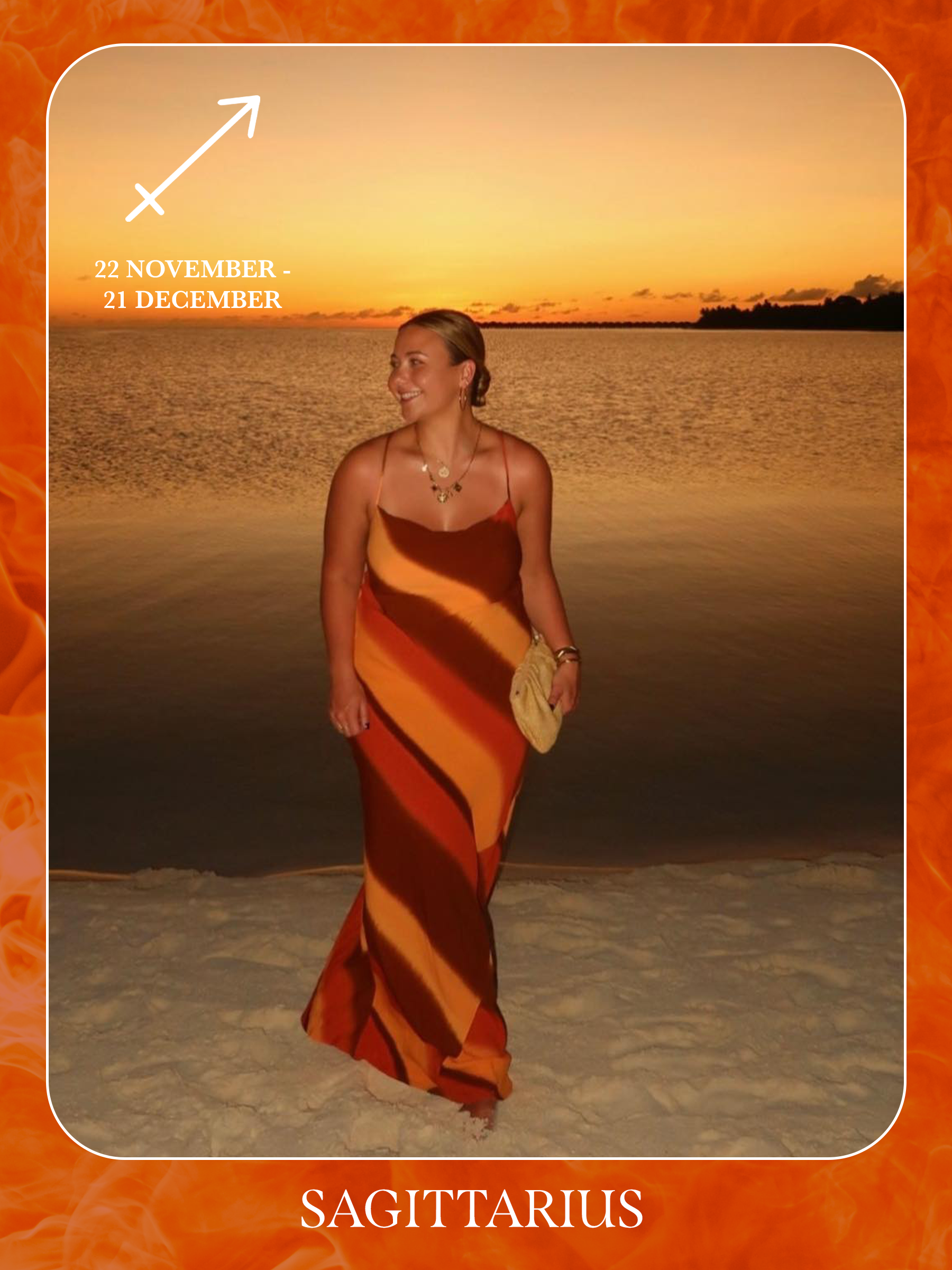An image of @oliviamarcus posing on a beach wearing a striped maxi dress, showcasing the characteristics of sun sign dressing if you're a Sagittarius.