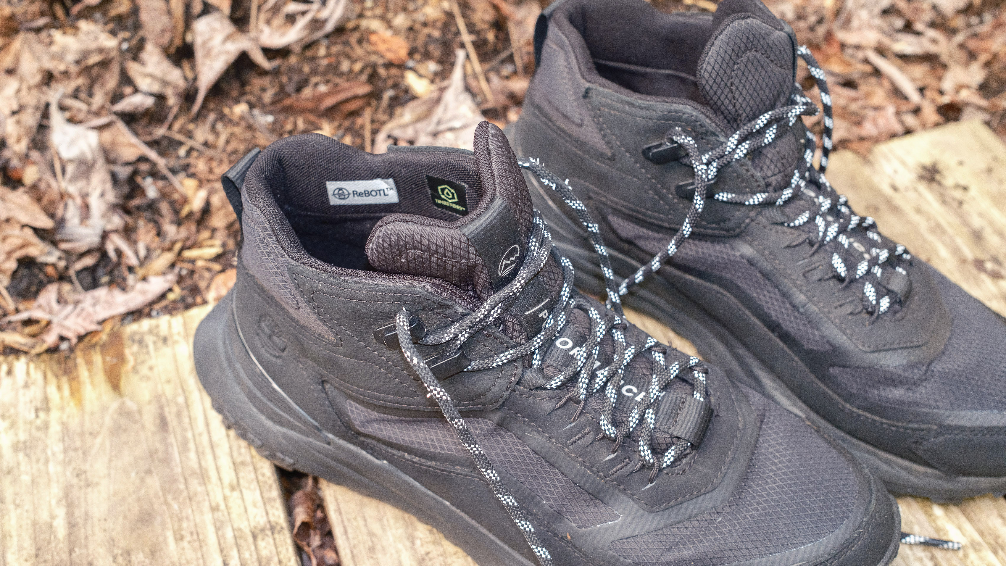 The Timberland Motion Access Mid Waterproof Sneakers (shown in black) from above show the laces