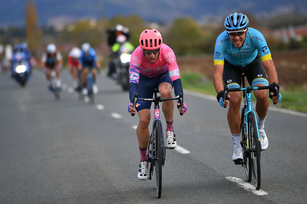 VILLANUEVA DE VALDEGOVIA SPAIN OCTOBER 27 Michael Woods of Canada and Team EF Pro Cycling Omar Fraile Matarranz of Spain and Astana Pro Team Breakaway during the 75th Tour of Spain 2020 Stage 7 a 1597km from VitoriaGasteiz to Villanueva de Valdegovia lavuelta LaVuelta20 La Vuelta on October 27 2020 in Villanueva de Valdegovia Spain Photo by Justin SetterfieldGetty Images
