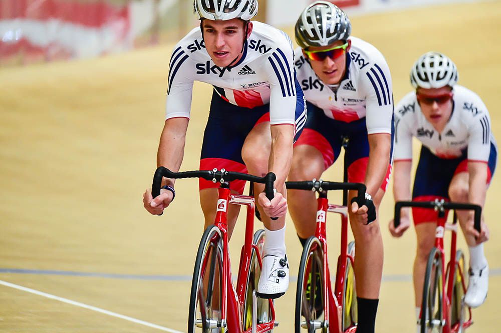 Great Britain's team pursuit squad training for the European Track Championships