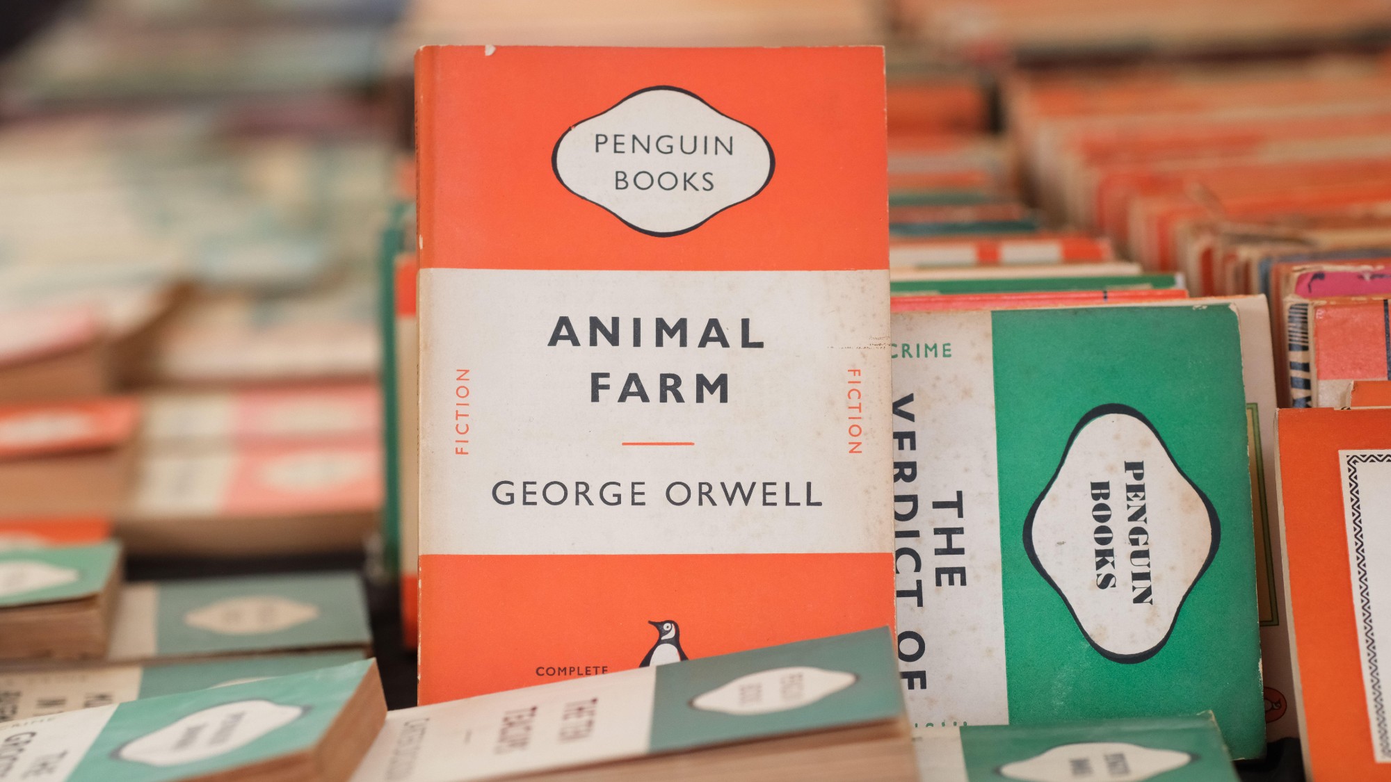 An old Penguin edition of Animal Farm by George Orwell among books on display