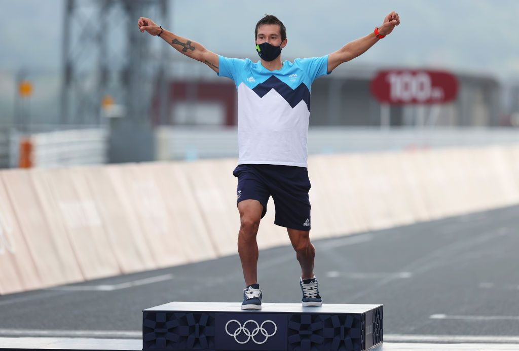 OYAMA JAPAN JULY 28 Primoz Roglic of Team Slovenia poses with the gold medal after the Mens Individual time trial on day five of the Tokyo 2020 Olympic Games at Fuji International Speedway on July 28 2021 in Oyama Shizuoka Japan Photo by Michael SteeleGetty Images