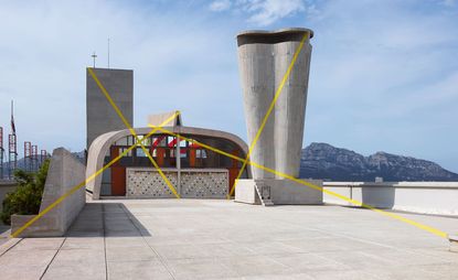 Felice Varini opens 'À Ciel Ouvert' on the cultural destination of the Marseille Modular (MaMo), the rooftop of Le Corbusier's Cité Radieuse. Pictured: Quatre droites aux trois croisements by Felice Varini, 2016
