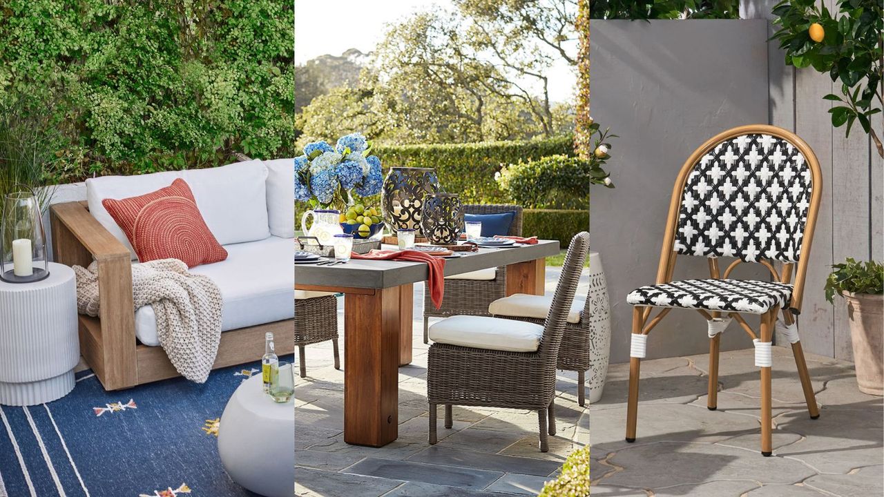 A three panel image showing Presidents&#039; Day outdoor furniture sales