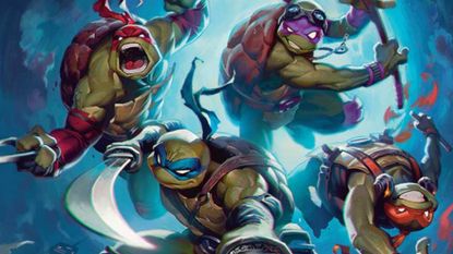 The MTG Teenage Mutant Ninja Turtles leap into action at night, with smiles on their faces and weapons drawn