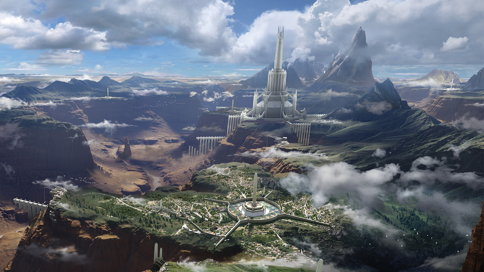 A 3D render of a fantasy landscape, a castle and canyon