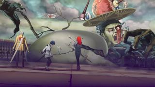 Promotional screenshot of the heroes fighting a 'Human' in Metaphor: ReFantazio