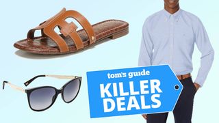 Sandals, sunglasses and button down shirt with killer deals tag