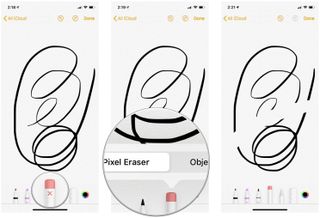 Use the Eraser tool in Notes on iPhone and iPad by showing: Tap the Eraser tool to select, tap again to choose Pixel or Object Eraser, and then erase