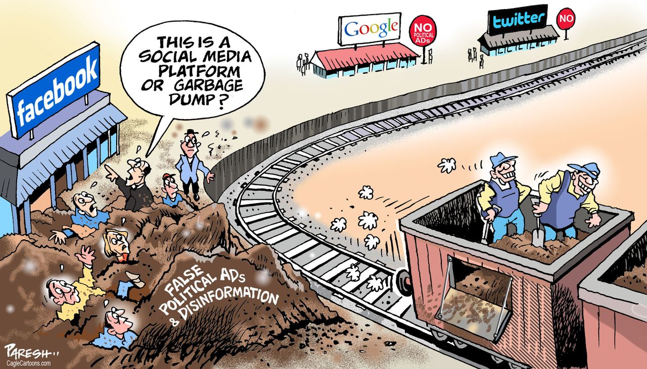 Editorial Cartoon U.S. Social Media Political Ads Train Facebook Garbage Dump