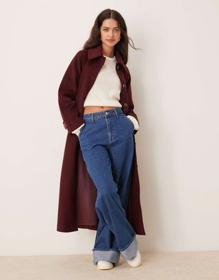 Abercrombie & Fitch Wool Belted Longline Coat in Burgundy