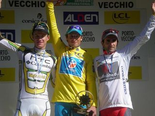2010 Criterium International top three (l-r): Michael Rogers, 2nd; Pierrick Fédrigo, 1st; Tiago Machado, 3rd.