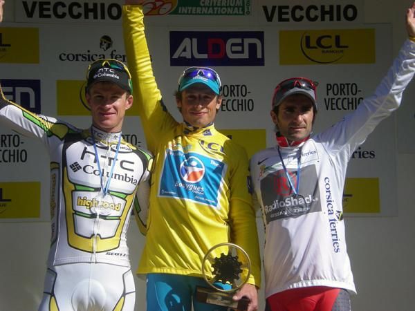 2010 Criterium International top three (l-r): Michael Rogers, 2nd; Pierrick F&eacute;drigo, 1st; Tiago Machado, 3rd.