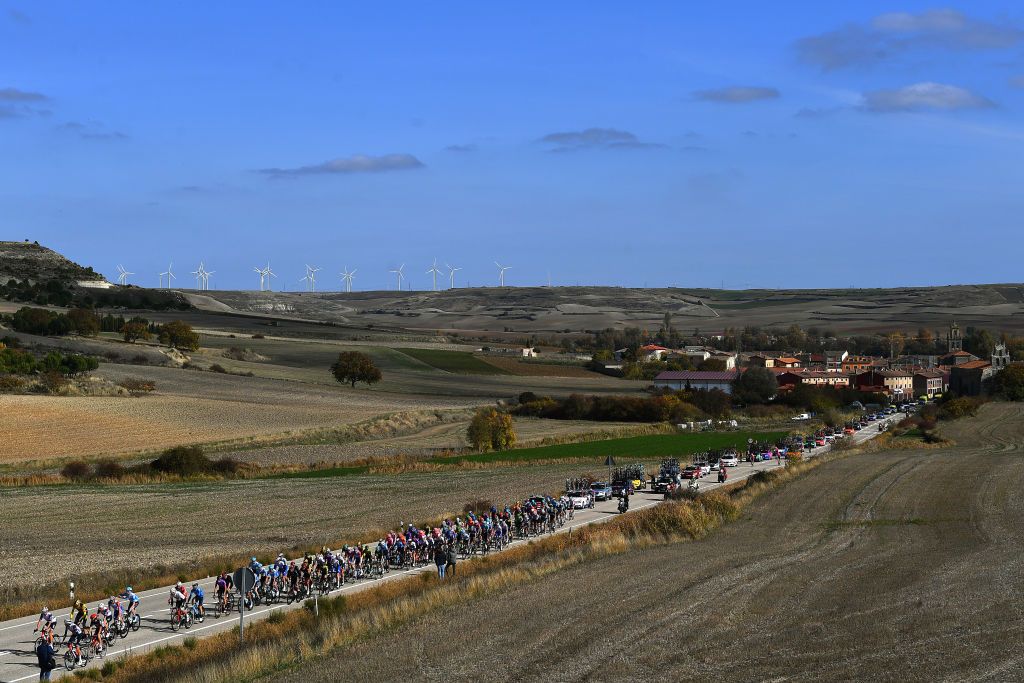 AGUILAR DE CAMPOO SPAIN OCTOBER 29 Las Quintanillas Village Peloton Landscape Fans Public during the 75th Tour of Spain 2020 Stage 9 a 1577km stage from Cid Campeador Military Base Castrillo del Val to Aguilar de Campoo lavuelta LaVuelta20 on October 29 2020 in Aguilar de Campoo Spain Photo by Justin SetterfieldGetty Images