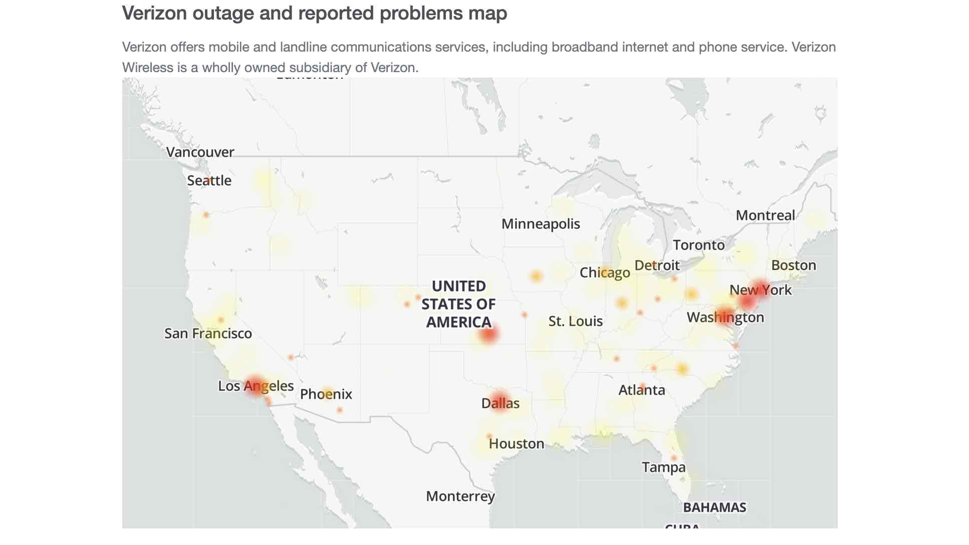 Mapa de interrupciones de Verizon de Down Detector a las 2:01 p.m. ET del 10 de octubre de 2024