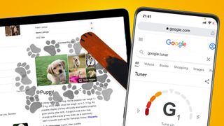 A laptop and phone screen on an orange background showing Google Easter Eggs