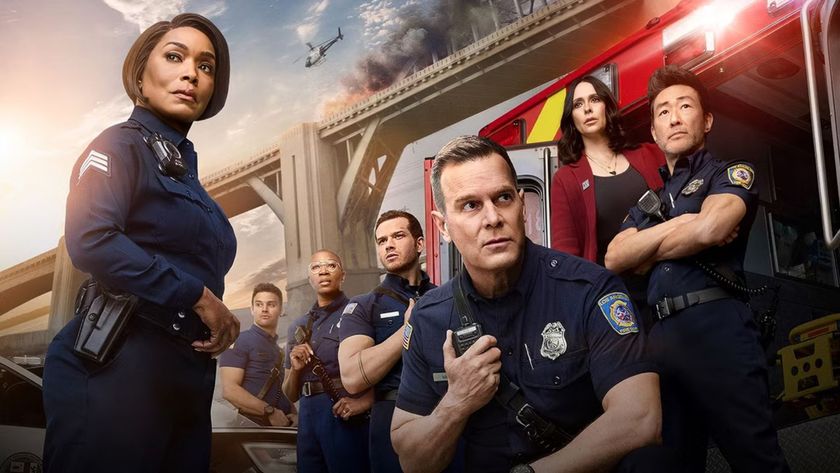The cast of 9-1-1 assemble by a fire truck and a burning bridge