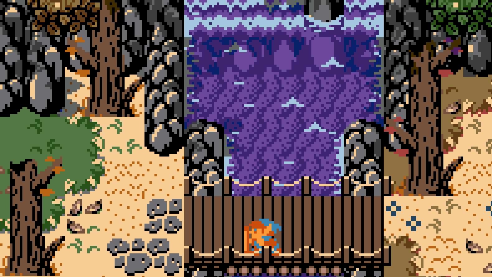 An animated gif of a ZQuest quest with Link in front of a purple waterfall
