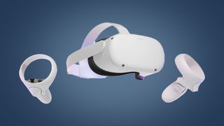 Oculus Quest 2 headset with two controllers on a blue background