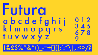 Blue and yellow text displaying the sans serif font Futura on a yellow and blue background.