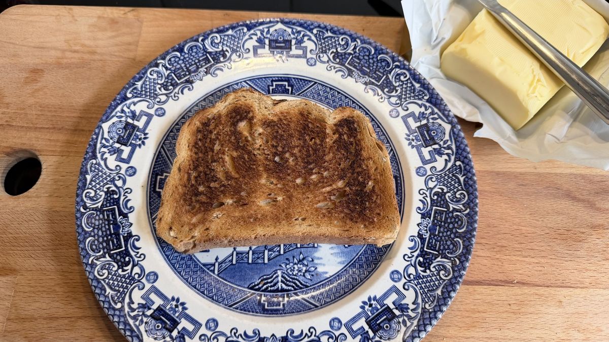 Toast on a blue plate, after being cooked in the KitchenAid Pro Line toaster
