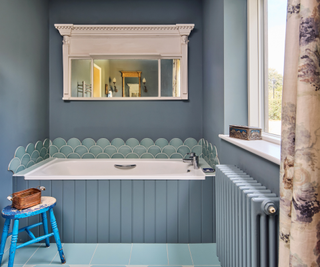 Bathroom with blue walls, floor and radiator