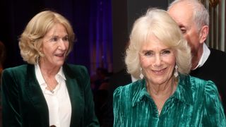 Queen Camilla smiles and gestures as she attends the "Celebration Of Shakespeare" with her sister Annabel Elliot