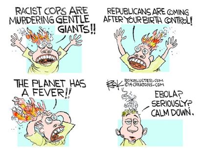 Editorial cartoon hysteria birth control global warming Ebola