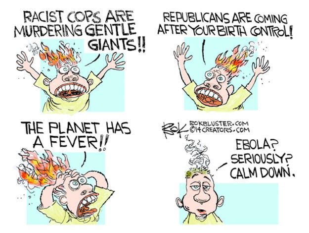 Editorial cartoon hysteria birth control global warming Ebola