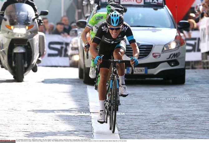 Peter Kennaugh (Sky) rides away from Bardiani's Francesco Bongiorno