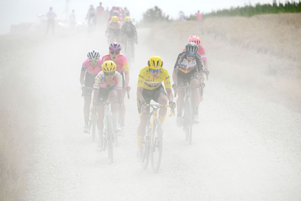 Silvia Persico tracking leader Marianne Vos through stage 4 of the Tour de France Femmes