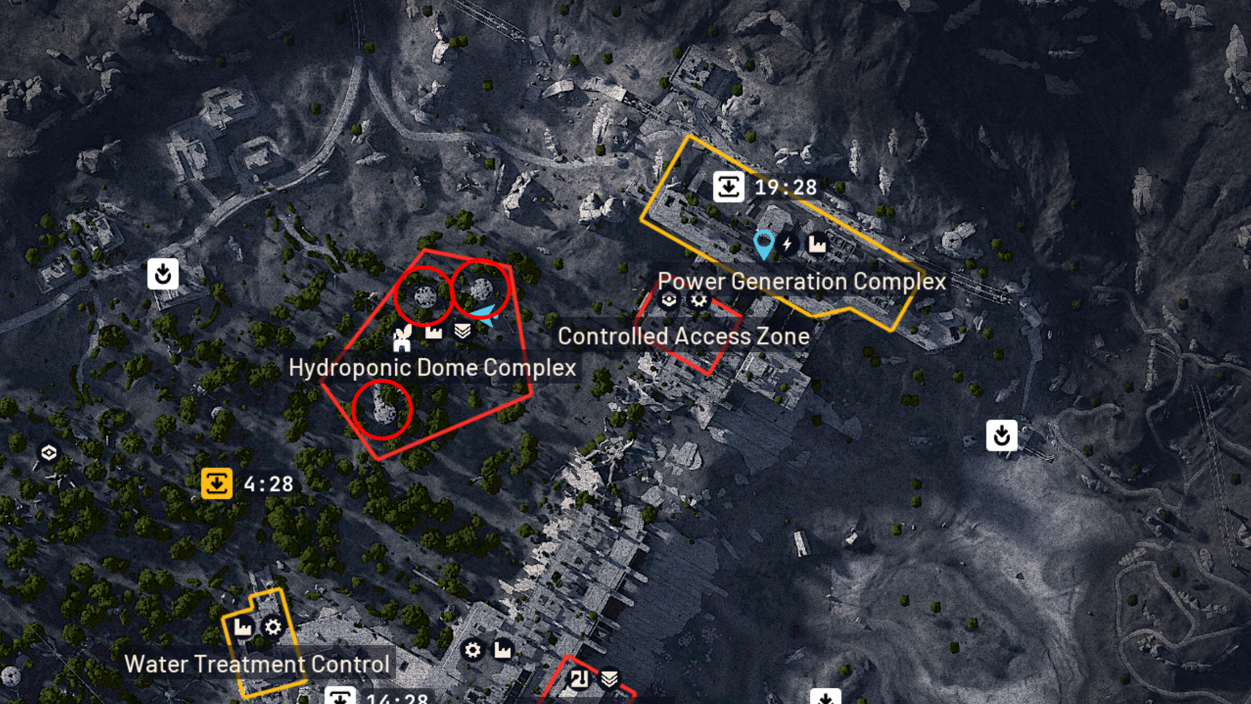 Arc Raiders Fertilizer: A map of Dam Battlegrounds with three small red circles pointing out the location of the domes in Hydroponic Dome Complex.