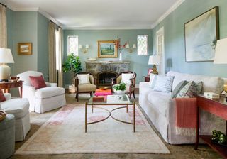 Annie Elliott Design living room with grasscloth wallpaper, photo by Kip Dawkins