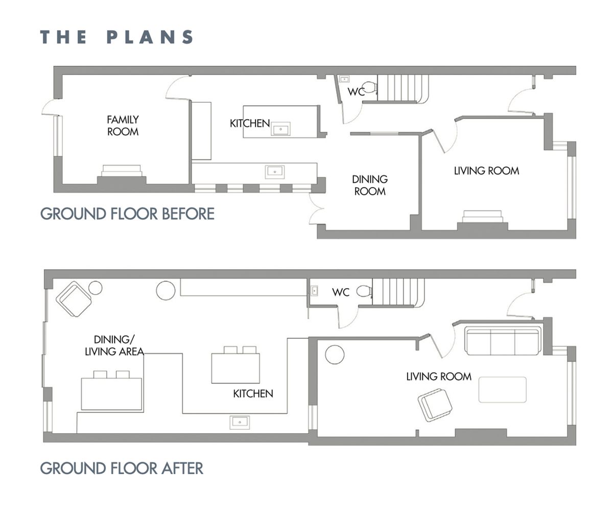 The floorplan of the before and after of a ground floor side return kitchen extension