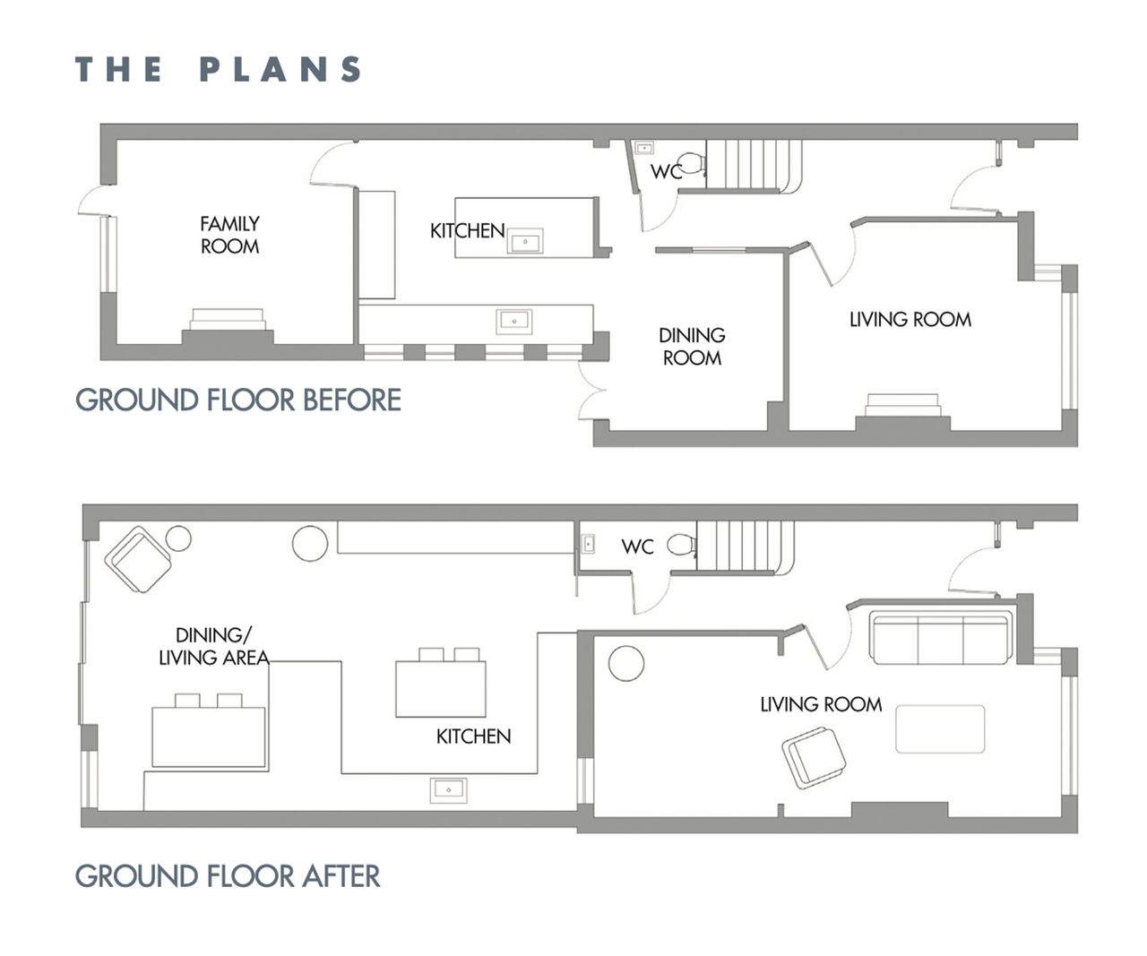 The floorplan of the before and after of a ground floor side return kitchen extension