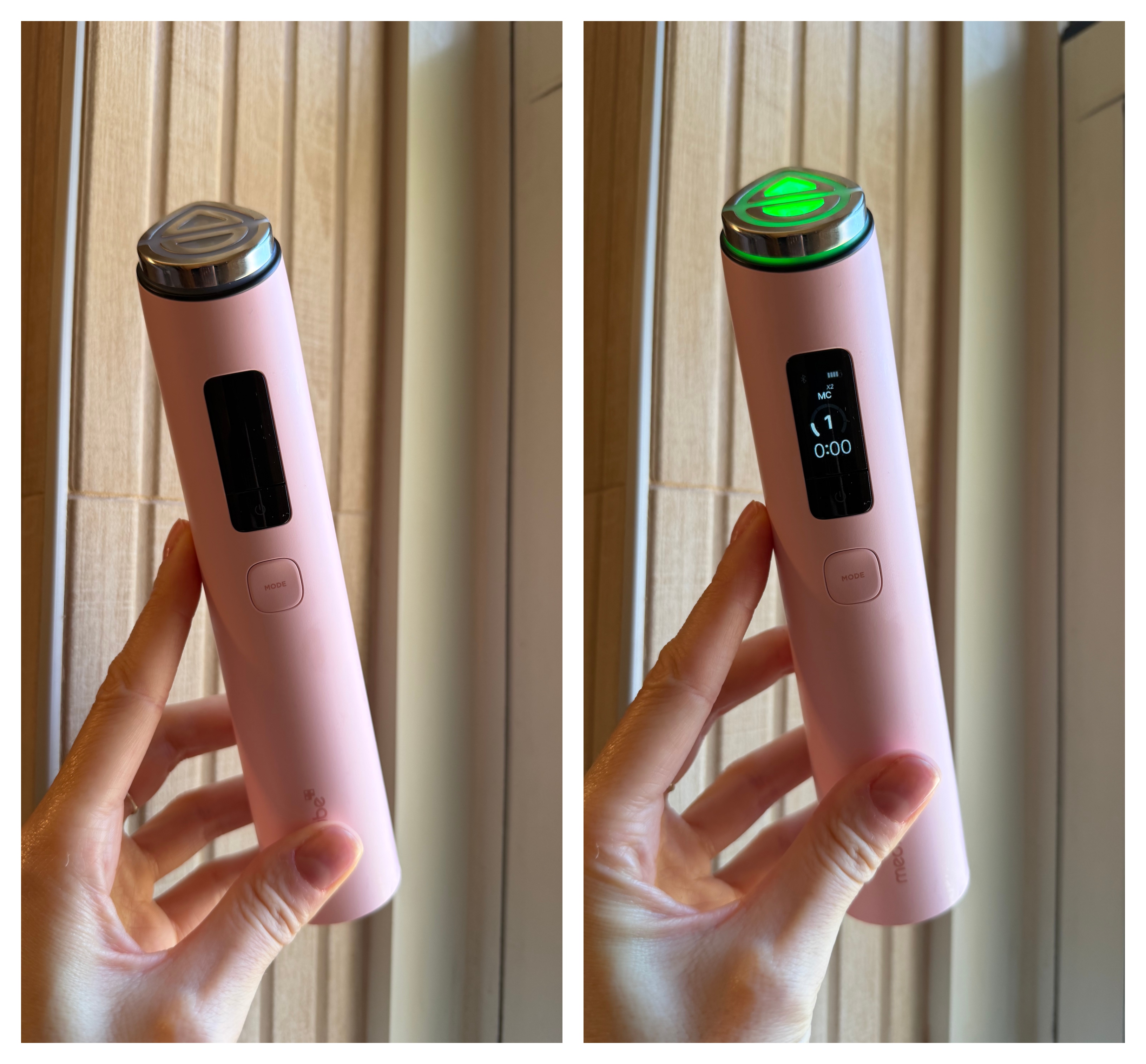 a duo of photos of a white woman's hand holding a pink skincare device on a wooden backdrop
